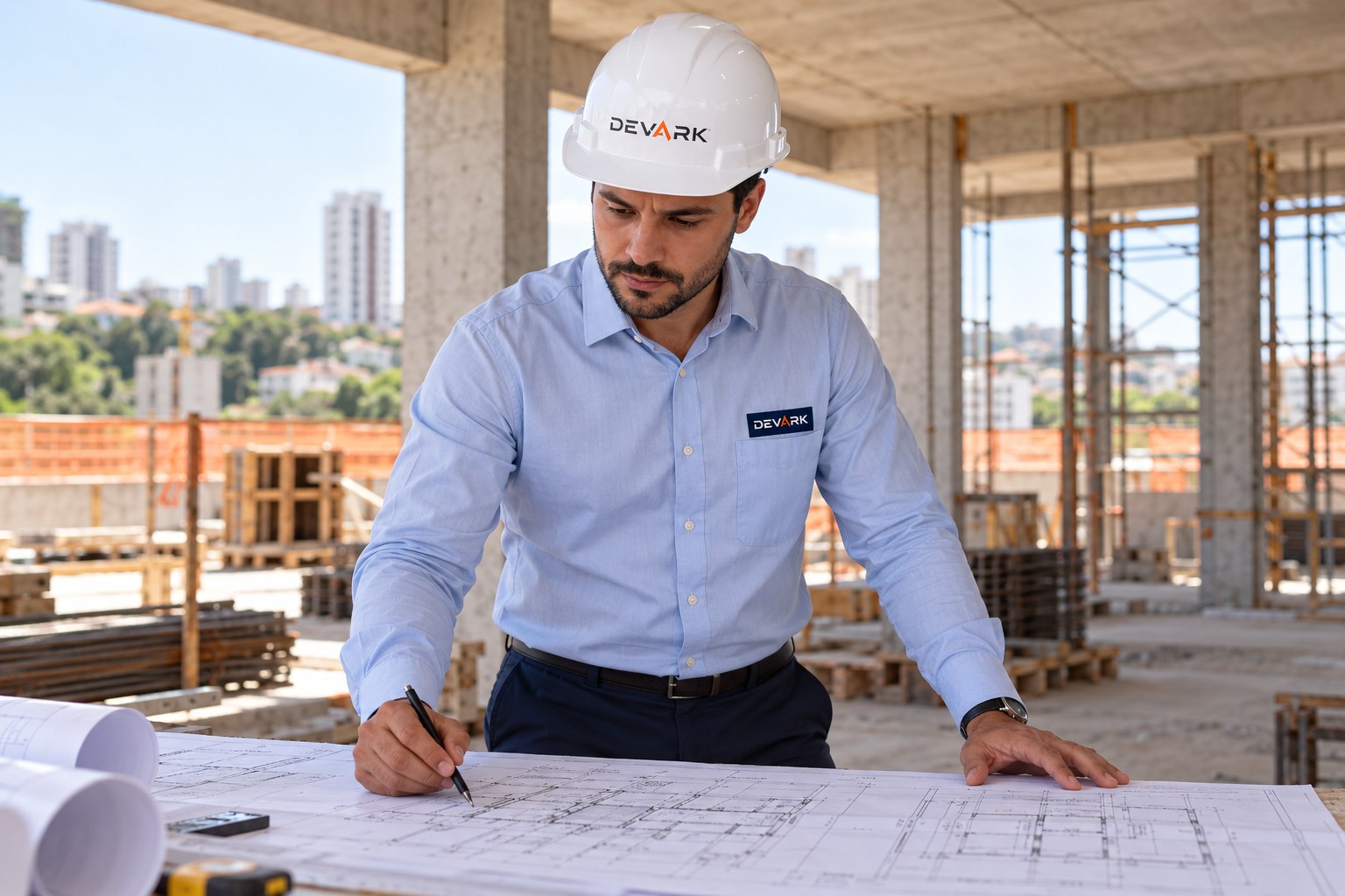 Engenheiro com camisa social e capacete Devark analisando um projeto, imagem ilustrativa