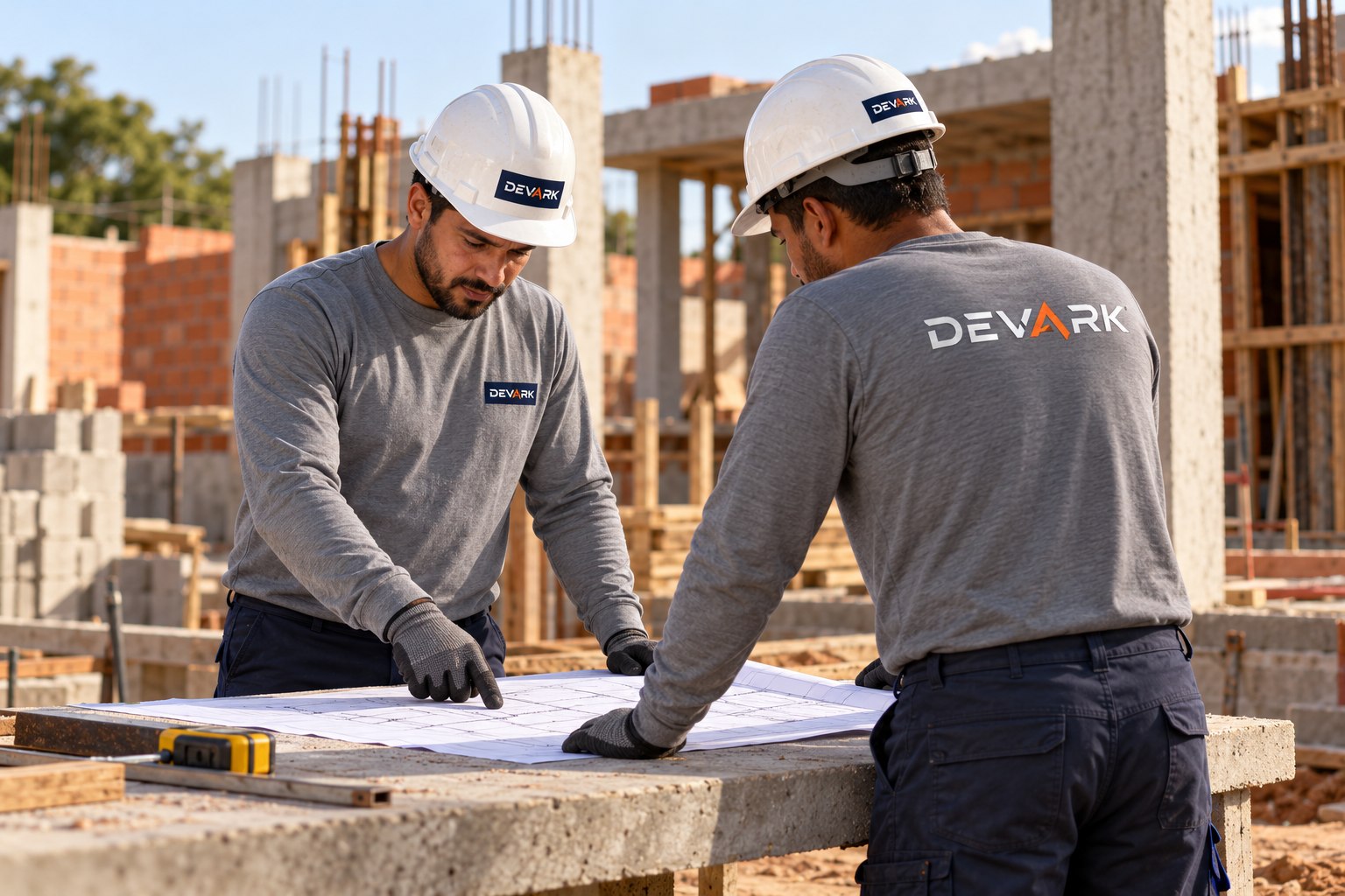 Trabalhadores com camisetas cinza e capacetes Devark, imagem ilustrativa